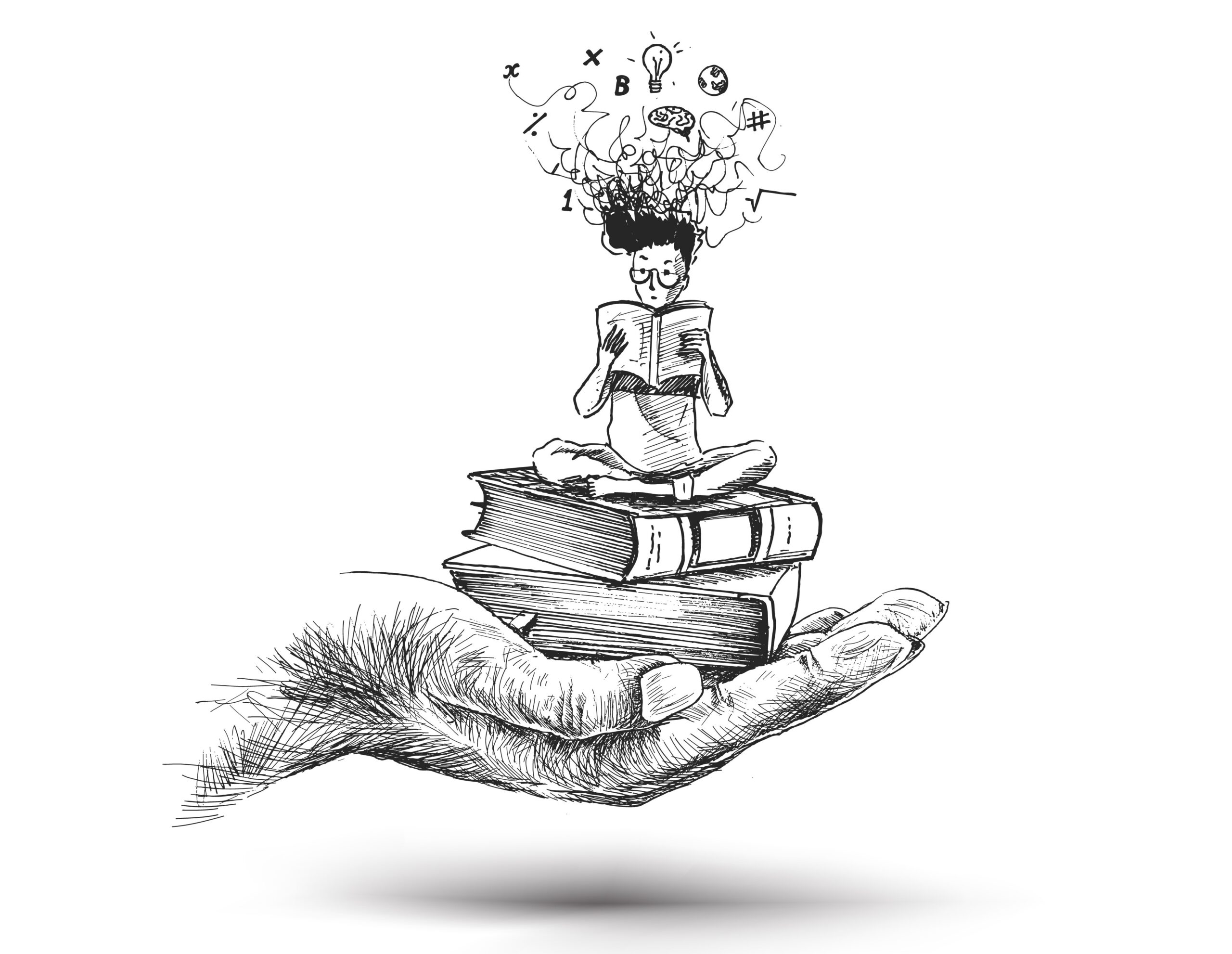 Hand hold Stack of books genius boy, Hand Drawn Sketch Vector illustration.